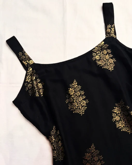 Black Foil-Print Cotton Sleeve-less Kurti-Top - Image 2