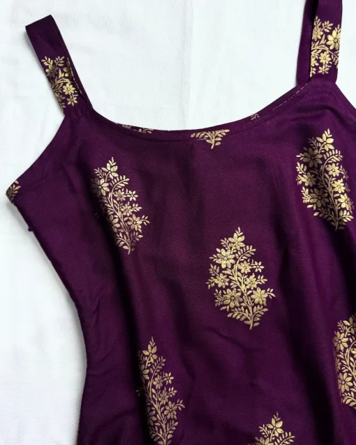 Wine Foil-Print Cotton Sleeve-less Kurti-Top - Image 2