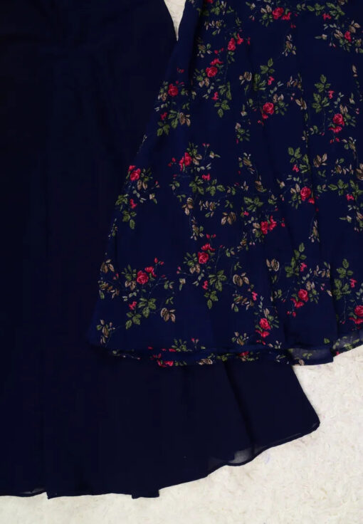Midnight-Blue Georgette Floral-Print A-Line-Kurti Dress, Palazzo & Dupatta Set - Image 4