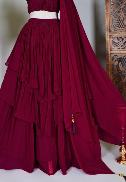 Red-Wine Georgette Multi-Layer Pleated-Lehenga Skirt , Blouse & Dupatta Set - Image 3