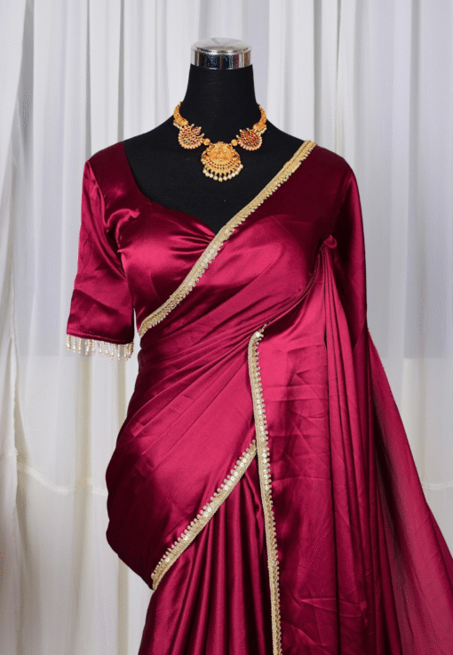 Wine Premium Satin-Silk Beaded-Lace & ReadyMade Blouse North Saree Set - Image 2