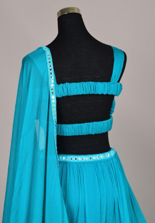 Ocean-Blue Chiffon Layered-Pleated Lehenga Skirt, Blouse & Dupatta Set - Image 3