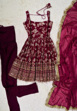 Purple-Wine Brocade-Embroidered Art-Silk Pleated-Peplum-Kurti Pants & Dupatta Set