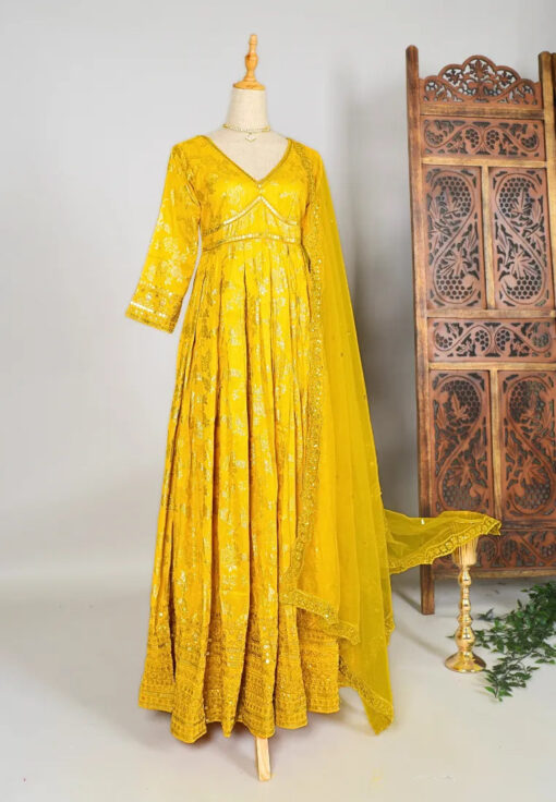 Yellow Zari-Woven-Embroidery Art-Silk Box-Pleated Anarkali-Kurti & Dupatta Set - Image 3