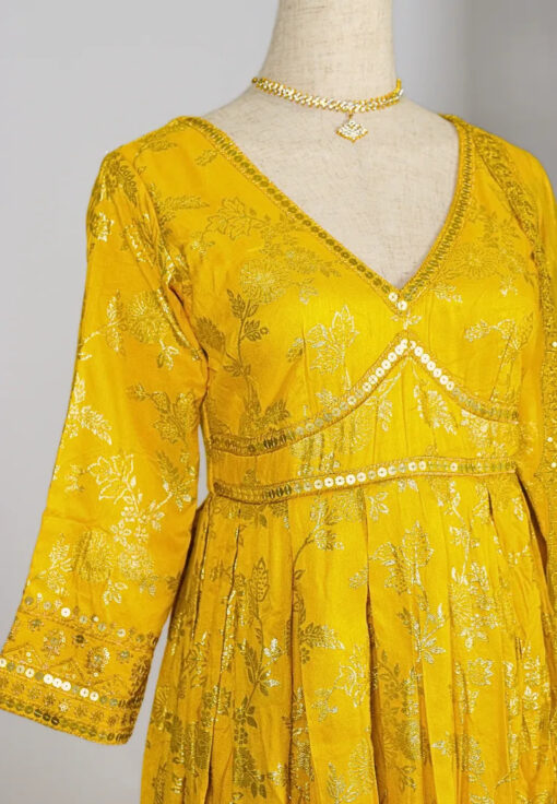 Yellow Zari-Woven-Embroidery Art-Silk Box-Pleated Anarkali-Kurti & Dupatta Set - Image 2