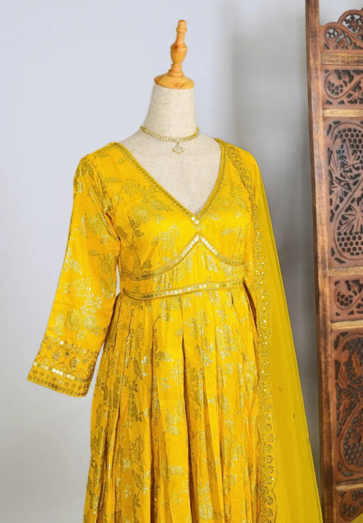 Yellow Zari-Woven-Embroidery Art-Silk Box-Pleated Anarkali-Kurti & Dupatta Set - Image 4