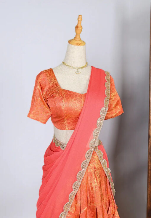 Peach Brocade-Woven art-Silk Pleated-Lehenga, Blouse & Dupatta Set - Image 2