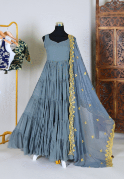 Grey Georgette Multi-Layer Designer-Back Pleated-Anarkali-Kurti Dress & Dupatta Set