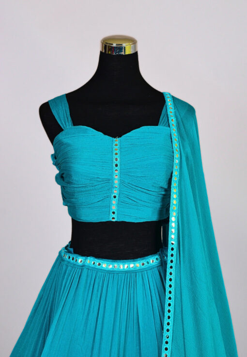 Ocean-Blue Chiffon Layered-Pleated Lehenga Skirt, Blouse & Dupatta Set - Image 2