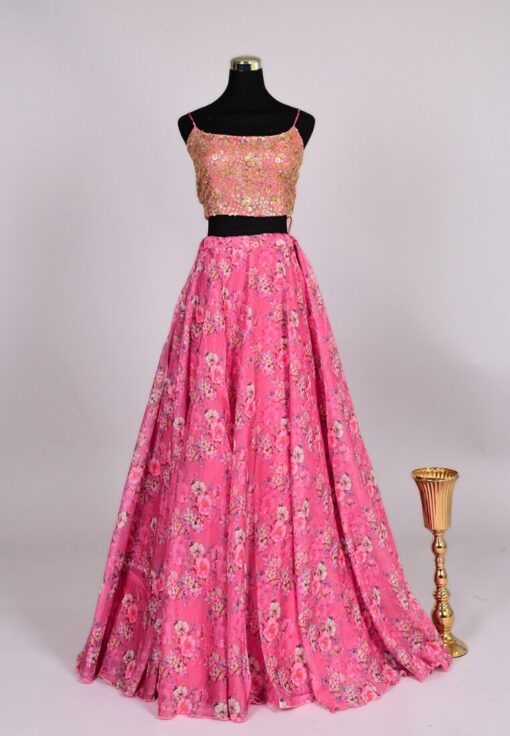 Pink Organza Digital Print Lehenga Skirt Blouse Cape Set - Image 3