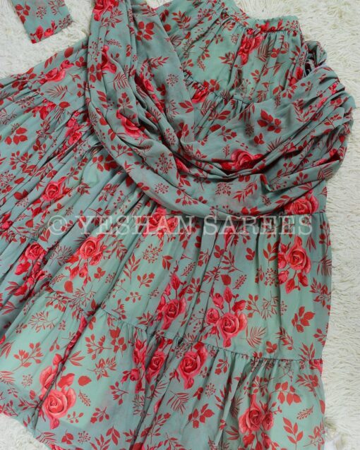Mint Georgette floral-Print Multi-Layer Pleated-Lehenga Skirt , Blouse & with attached Dupatta Set - Image 3