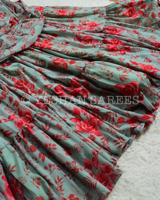 Mint Georgette floral-Print Multi-Layer Pleated-Lehenga Skirt , Blouse & with attached Dupatta Set - Image 4