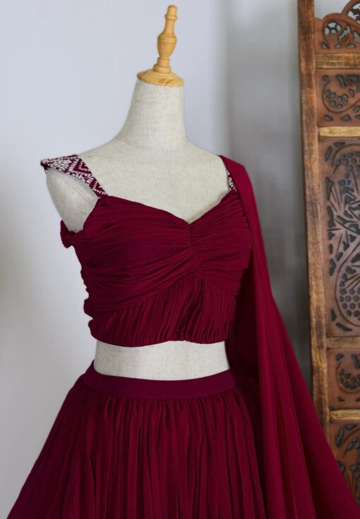 Red-Wine Georgette Multi-Layer Pleated-Lehenga Skirt , Blouse & Dupatta Set - Image 2