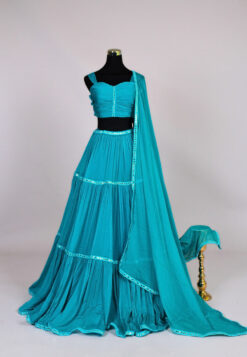 Ocean-Blue Chiffon Layered-Pleated Lehenga Skirt, Blouse & Dupatta Set