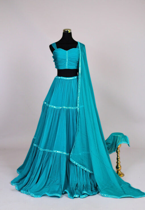 Ocean-Blue Chiffon Layered-Pleated Lehenga Skirt, Blouse & Dupatta Set
