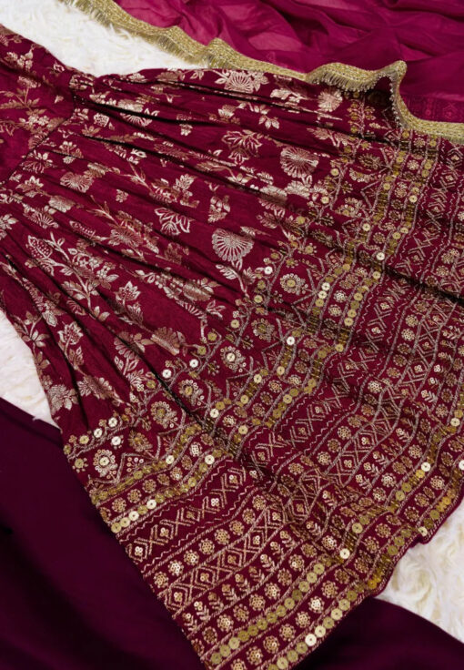 Purple-Wine Brocade-Embroidered Art-Silk Pleated-Peplum-Kurti Pants & Dupatta Set - Image 3