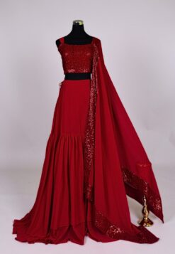 Maroon Georgette Double-Layer Sequin-Stitched Lehenga Skirt Blouse Dupatta Set