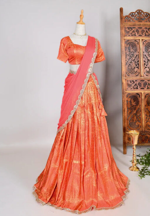 Peach Brocade-Woven art-Silk Pleated-Lehenga, Blouse & Dupatta Set - Image 4