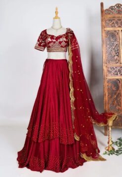 Blood-Red Stone-Work-Embroidered Art-Silk Layered-Pleated Lehenga-Skirt, Blouse & Dupatta Set