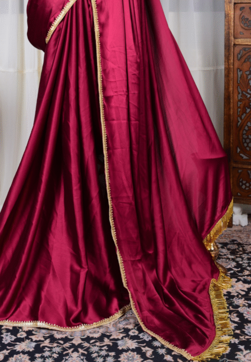 Wine Premium Satin-Silk Beaded-Lace & ReadyMade Blouse North Saree Set - Image 4