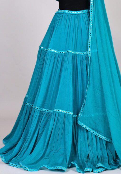 Ocean-Blue Chiffon Layered-Pleated Lehenga Skirt, Blouse & Dupatta Set - Image 4