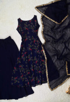 Midnight-Blue Georgette Floral-Print A-Line-Kurti Dress, Palazzo & Dupatta Set