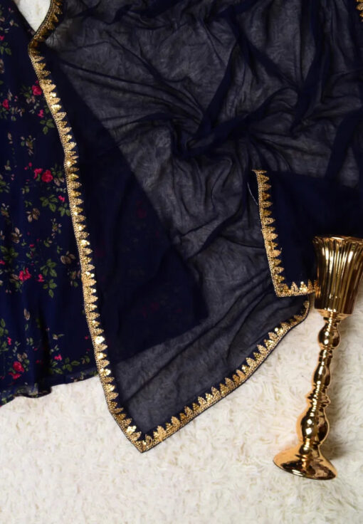 Midnight-Blue Georgette Floral-Print A-Line-Kurti Dress, Palazzo & Dupatta Set - Image 3