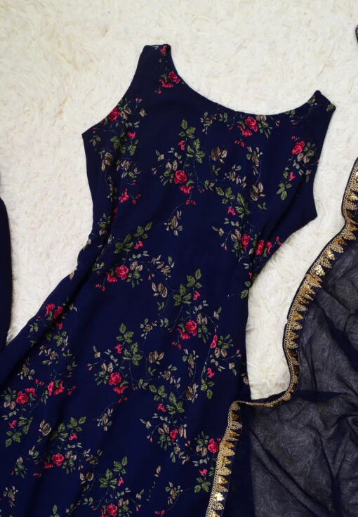 Midnight-Blue Georgette Floral-Print A-Line-Kurti Dress, Palazzo & Dupatta Set - Image 2
