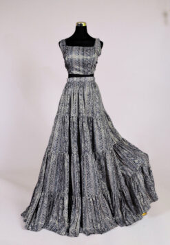 Greyish-Blue Muslin-Zari-Printed Lehenga Skirt & Blouse Set