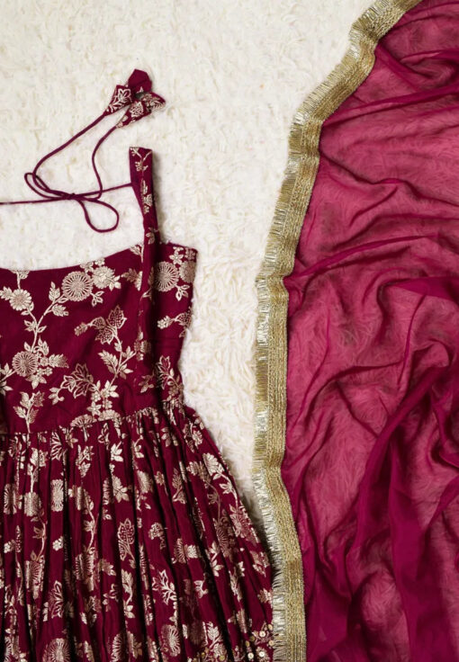 Purple-Wine Brocade-Embroidered Art-Silk Pleated-Peplum-Kurti Pants & Dupatta Set - Image 2