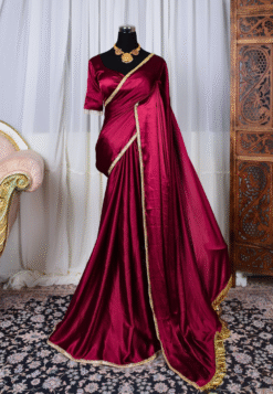 Wine Premium Satin-Silk Beaded-Lace & ReadyMade Blouse North Saree Set