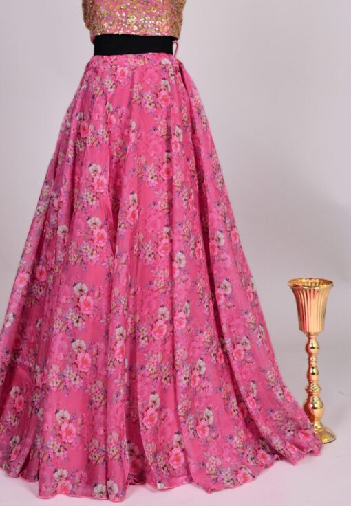 Pink Organza Digital Print Lehenga Skirt Blouse Cape Set - Image 4