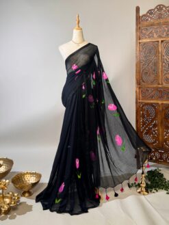 Black Handspun-Pure-Cotton Hand-Painted-Roses Bengal-Saree