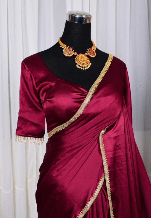 Wine Premium Satin-Silk Beaded-Lace & ReadyMade Blouse North Saree Set - Image 3