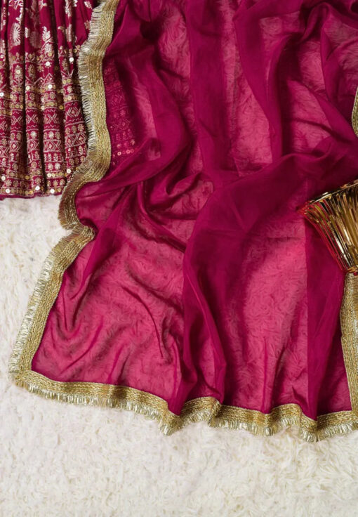 Purple-Wine Brocade-Embroidered Art-Silk Pleated-Peplum-Kurti Pants & Dupatta Set - Image 4