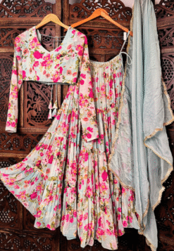 Turquoise-Pink Flora-Printed Georgette Pleated-Layered-Lehenga-Skirt Blouse & Dupatta Set