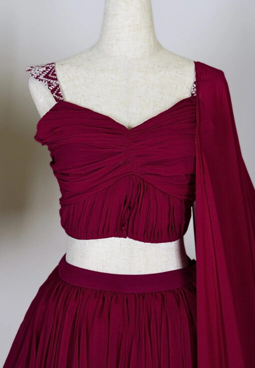 Red-Wine Georgette Multi-Layer Pleated-Lehenga Skirt , Blouse & Dupatta Set - Image 4