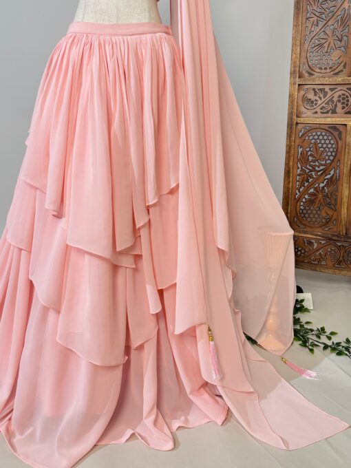 Baby-Pink Georgette Layered Lehenga Skirt Blouse Dupatta Set - Image 4
