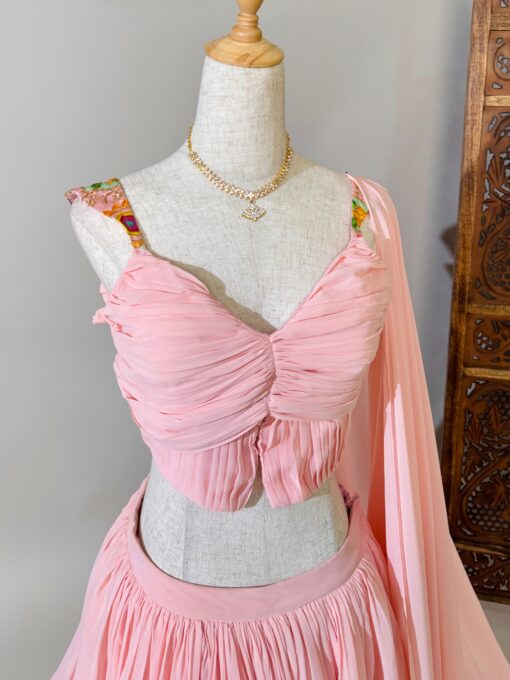 Baby-Pink Georgette Layered Lehenga Skirt Blouse Dupatta Set - Image 2