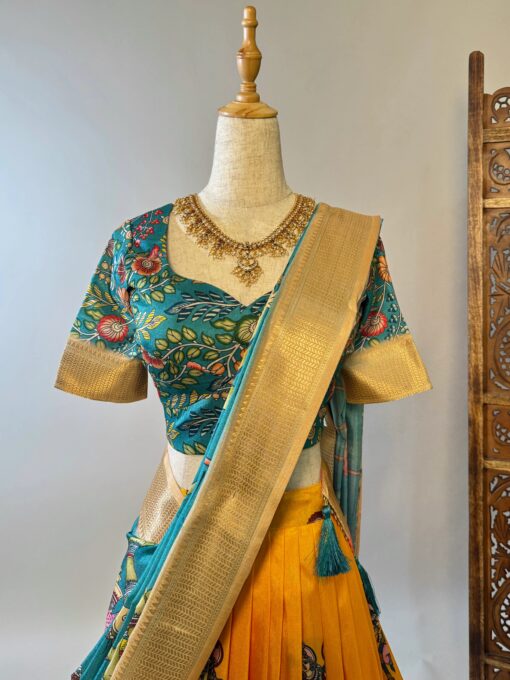 Yellow-Blue Soft-Silk Digital-Printed Kalamkari-Box-Pleated Lehenga-Blouse-Dupatta-Set - Image 4