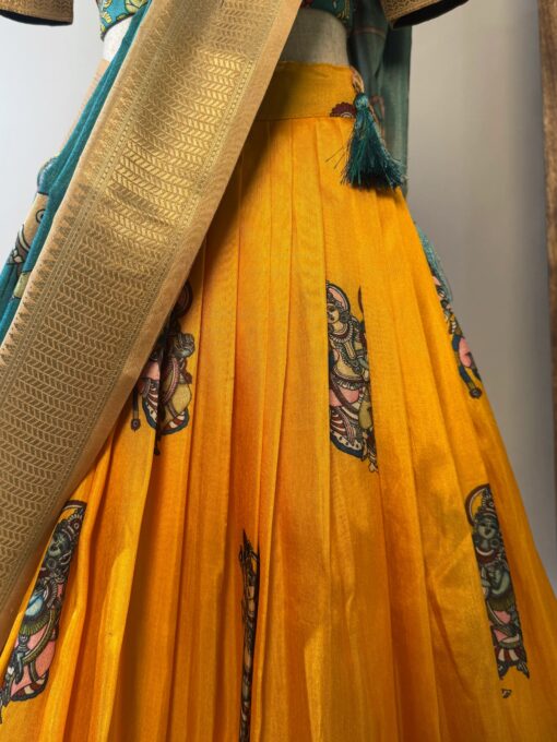 Yellow-Blue Soft-Silk Digital-Printed Kalamkari-Box-Pleated Lehenga-Blouse-Dupatta-Set - Image 5