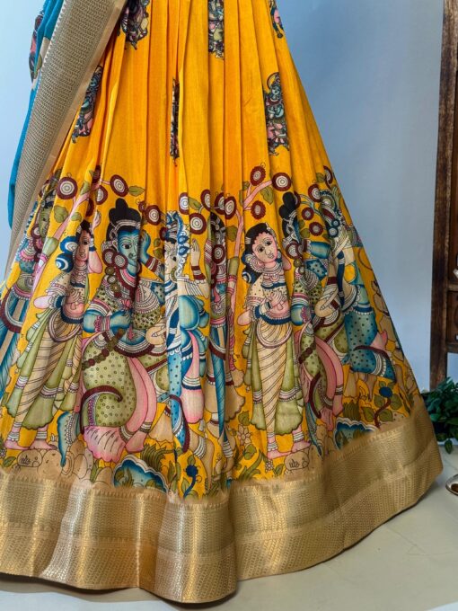 Yellow-Blue Soft-Silk Digital-Printed Kalamkari-Box-Pleated Lehenga-Blouse-Dupatta-Set - Image 2