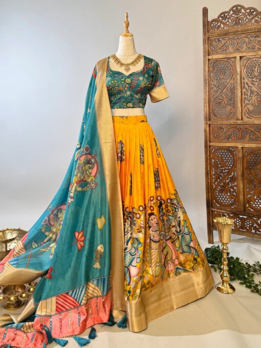 Yellow-Blue Soft-Silk Digital-Printed Kalamkari-Box-Pleated Lehenga-Blouse-Dupatta-Set - Image 3