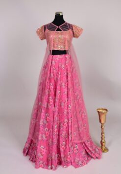 Pink Organza Digital Print Lehenga Skirt Blouse Cape Set