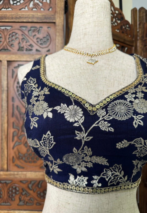 Navy-Blue Zari-Brocade-Embroidered Art-Silk V-Neck Blouse - Image 2