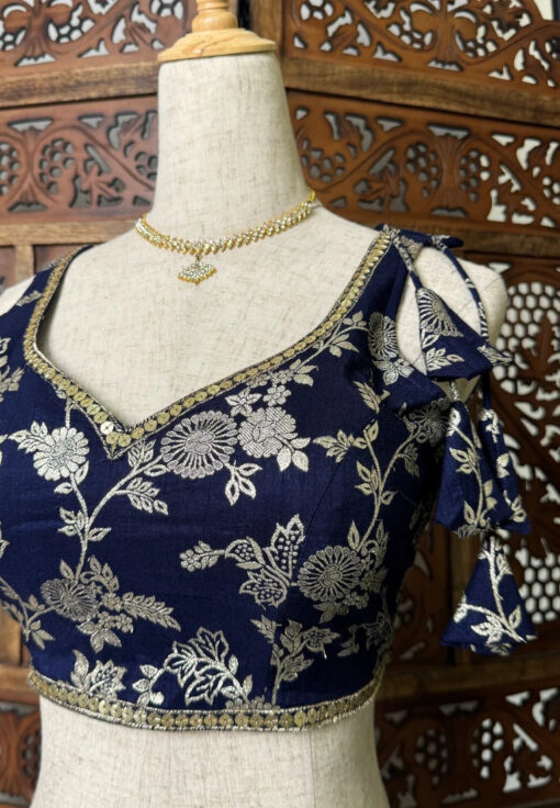 Navy-Blue Zari-Brocade-Embroidered Art-Silk V-Neck Blouse - Image 3
