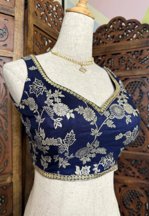Navy-Blue Zari-Brocade-Embroidered Art-Silk V-Neck Blouse - Image 4