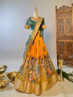 Yellow-Blue Soft-Silk Digital-Printed Kalamkari-Box-Pleated Lehenga-Blouse-Dupatta-Set